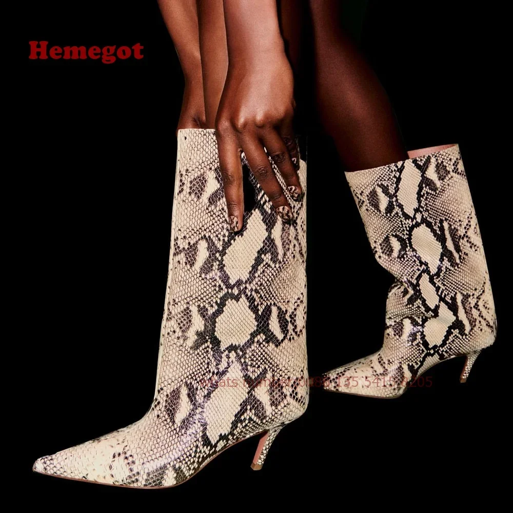 Milk-Pattern Kitten Heels Mid-Calf Boots Pointy Toe Glossy Warm Women\'s Boots 2024 Winter Elegant Slip On Runway Shoes Luxury