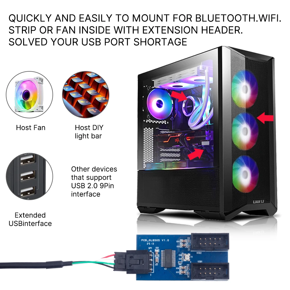 Placa-mãe divisor usb de 9 pinos, 1 a 2/4, placa de extensão fêmea, conector usb 2.0, adaptador de cabo de extensão para placa-mãe de desktop