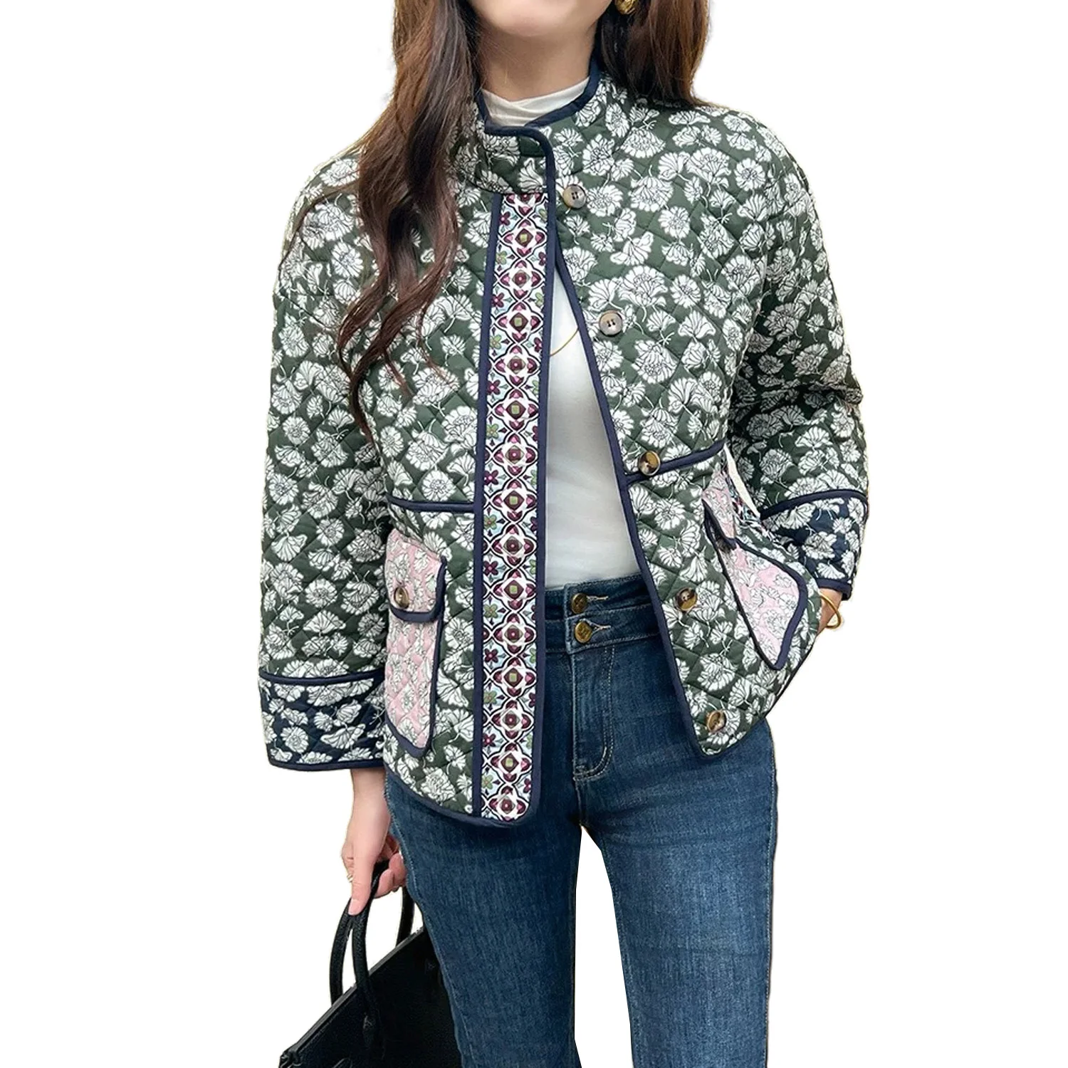 Women\'s Cotton Jacket with Small Floral Patterns Warm Coat Standing Collar Pocket Single Breasted New