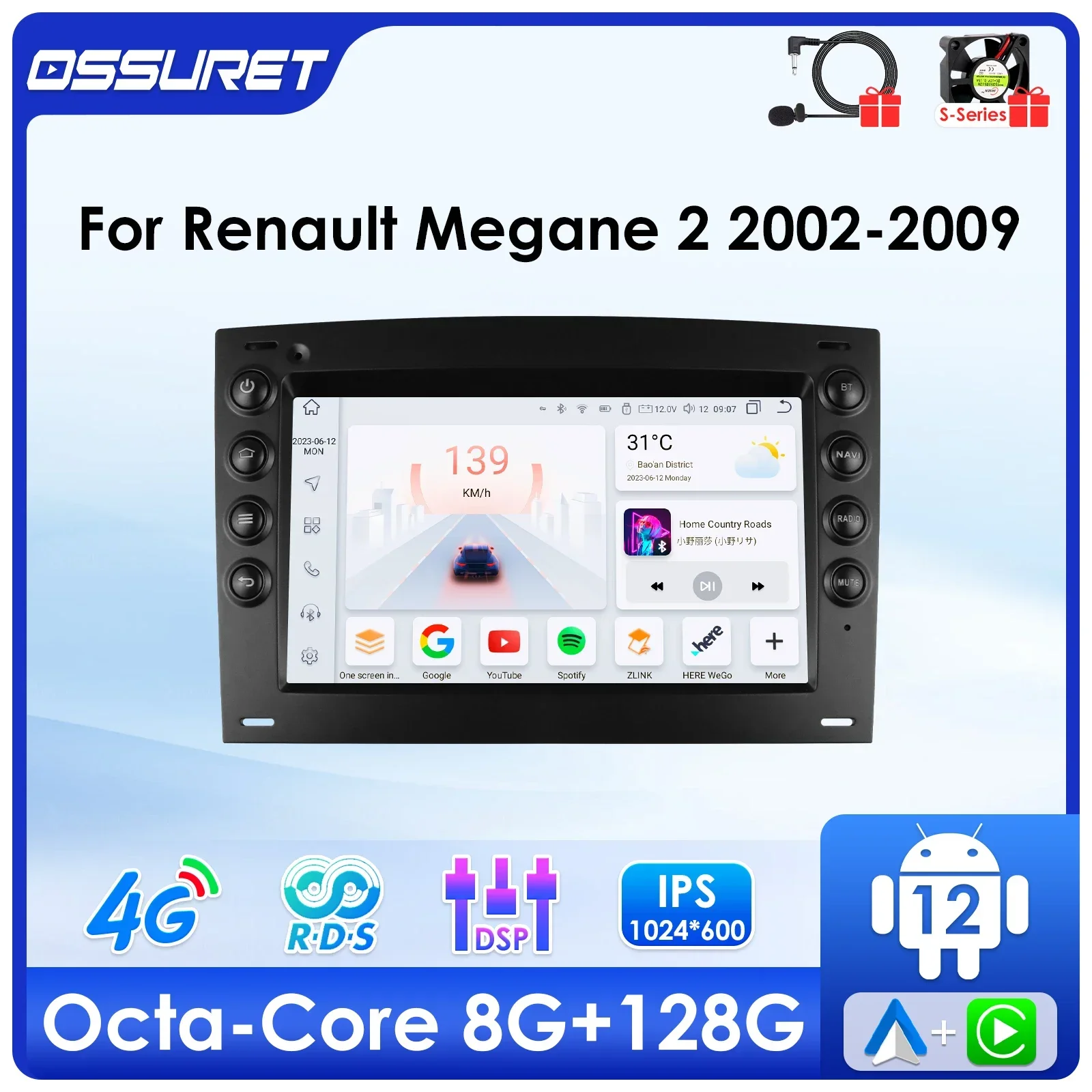 Autoradio Android 12, 4G, DSP, Carplay, GPS, Stéréo, Écran 2002, Lecteur MultiXXL, 2DIN, pour Voiture Renault Megane 2 (2006-2007, 2008, 2009, 7862)