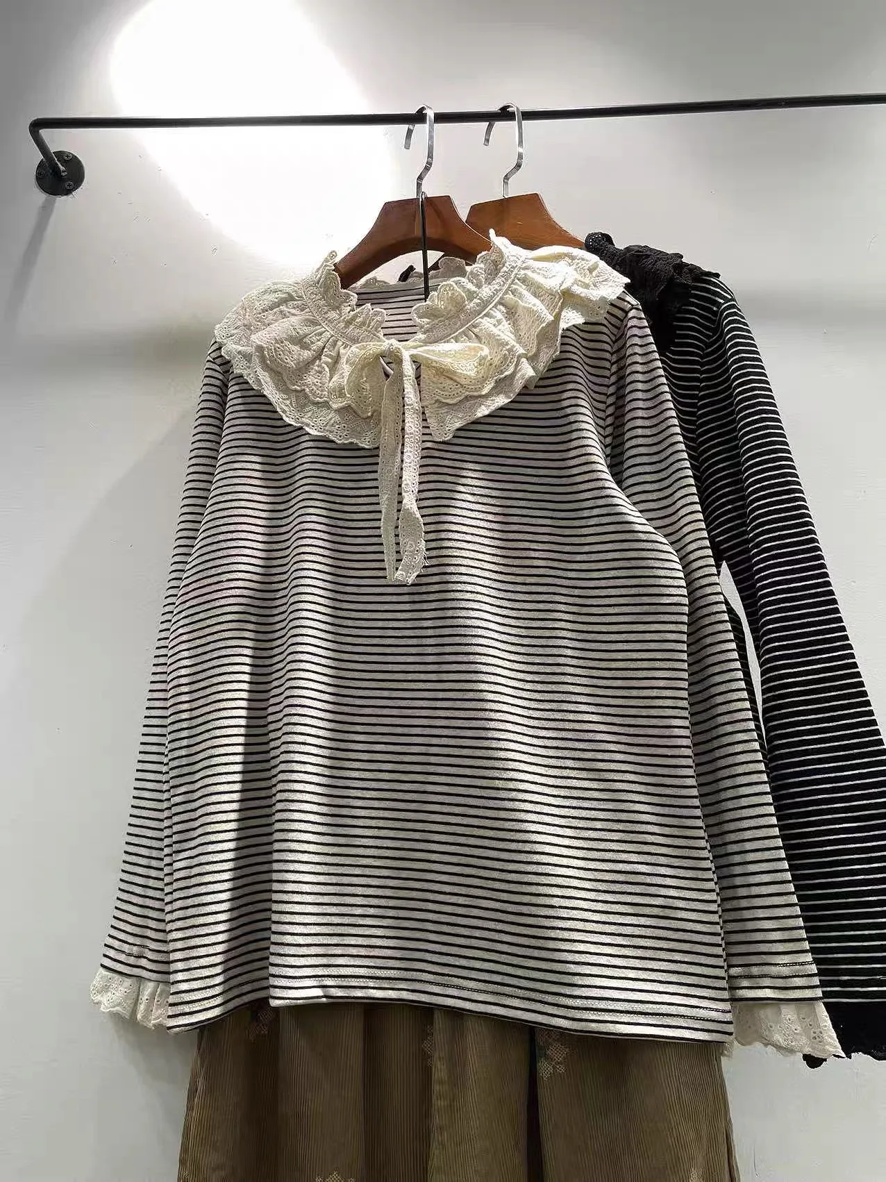 Women's 100% Cotton Striped Long Sleeve Top Mori Girl Winter Lace Ruffle Peter Pan Collar Bow Tie Casual Loose Fit T Shirt