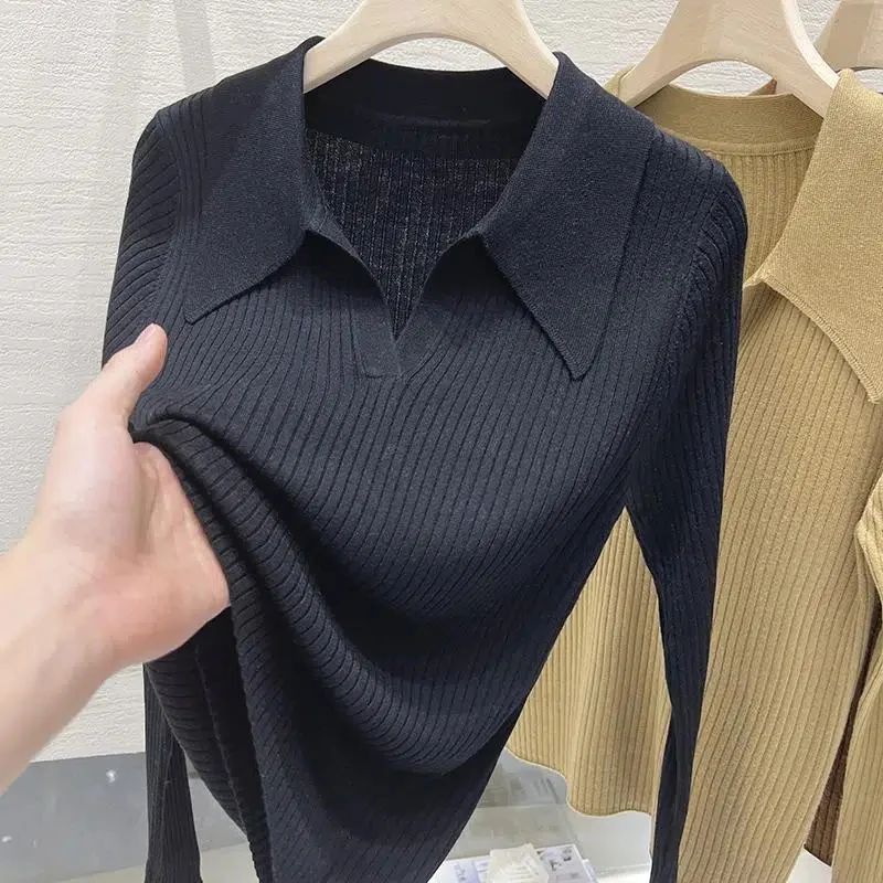 Polo Collar Slim Long Sleeve Knitted Tops Women Spring Autumn Thin Pullover Sweater Women Solid Color Basic Loose Women Sweater