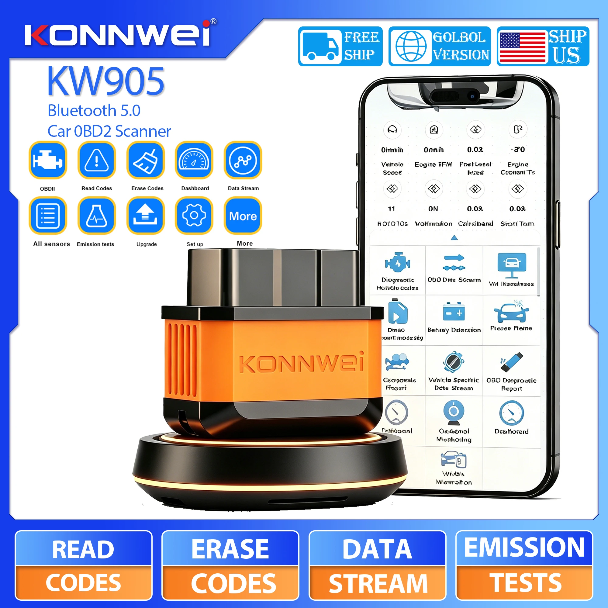 KONNWEI KW905 Bluetooth Car Auto OBD2 Scanner Engine Code Reader Diagnostic Tool