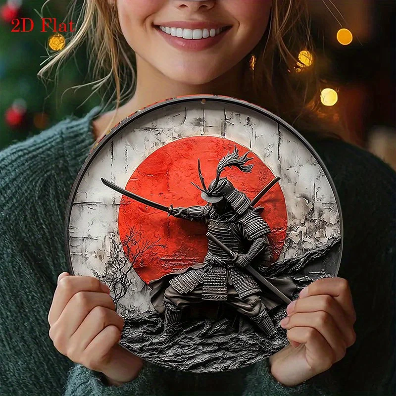 2D Flat, 1pc Japanese Samurai Wall Art - 20x20cm Round Frameless Vintage Decor with Red Poppy and Rustic Wood Grain Design