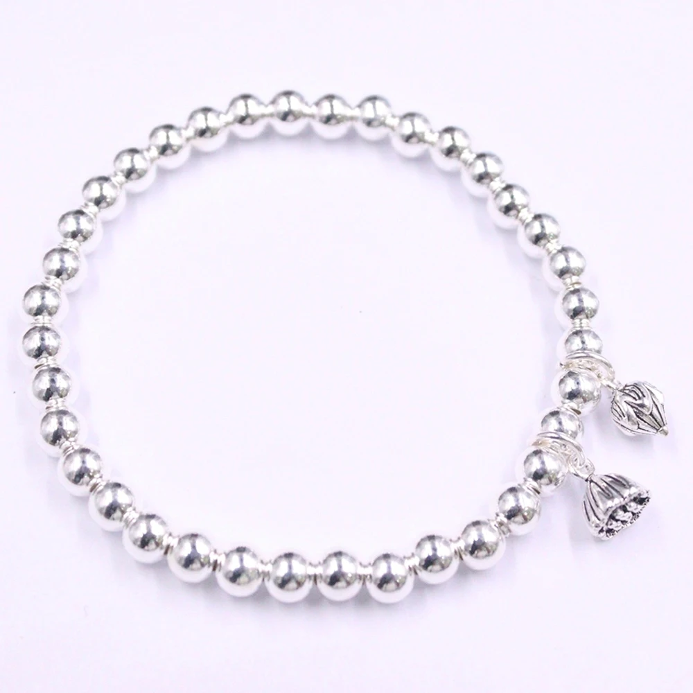 

Real Pure 990 Fine Silver Women Lotus Pendant 5mm Glossy Round Beaded Bracelet 9-10g