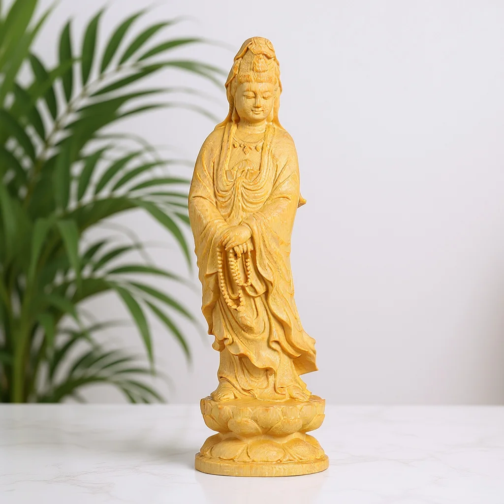 

1Pcs Wood Carved Guanyin Buddha Statue Decorative Desktop Ornament for Home Office Temple Space Sacred Gift Idea Yellow
