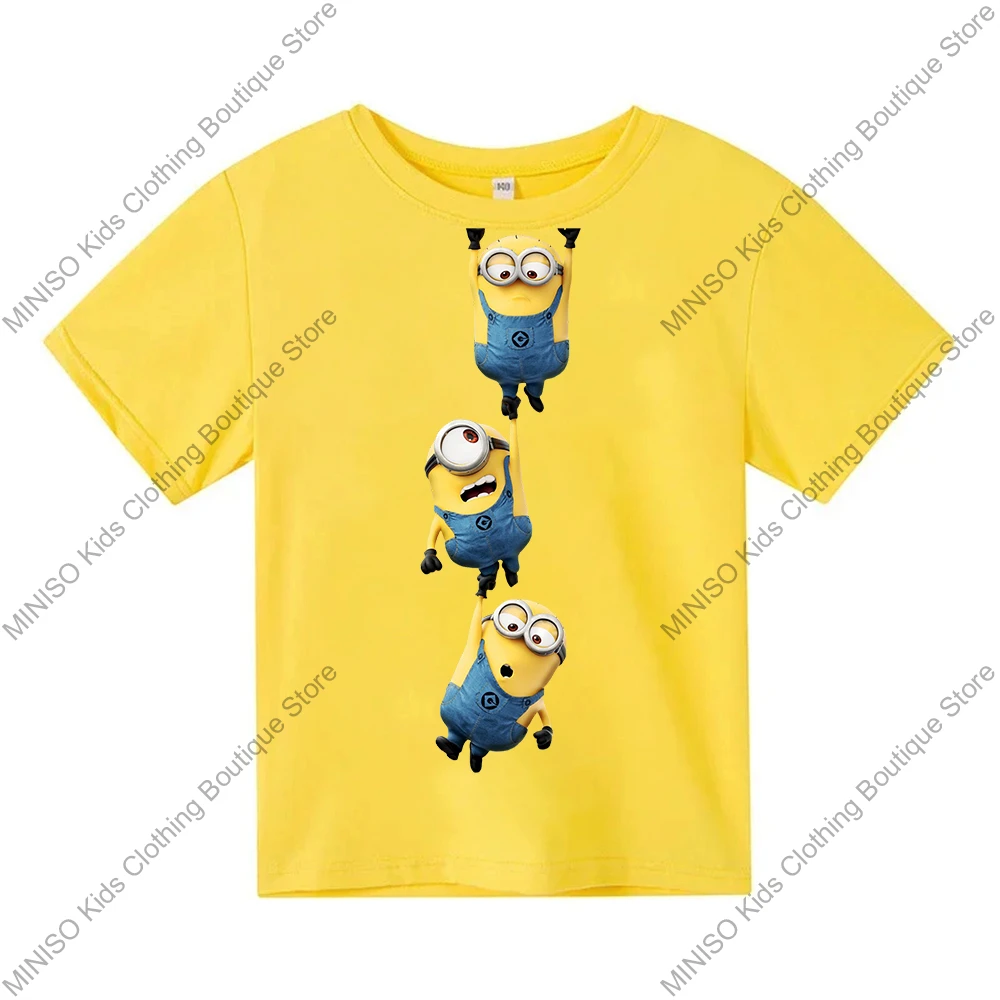 MINISO 100% Cotton T-Shirt Anime Cartoon Funny Minion Print Fashion Casual Streetwear Oversized Tshirt Kids Adults Tops Clothing