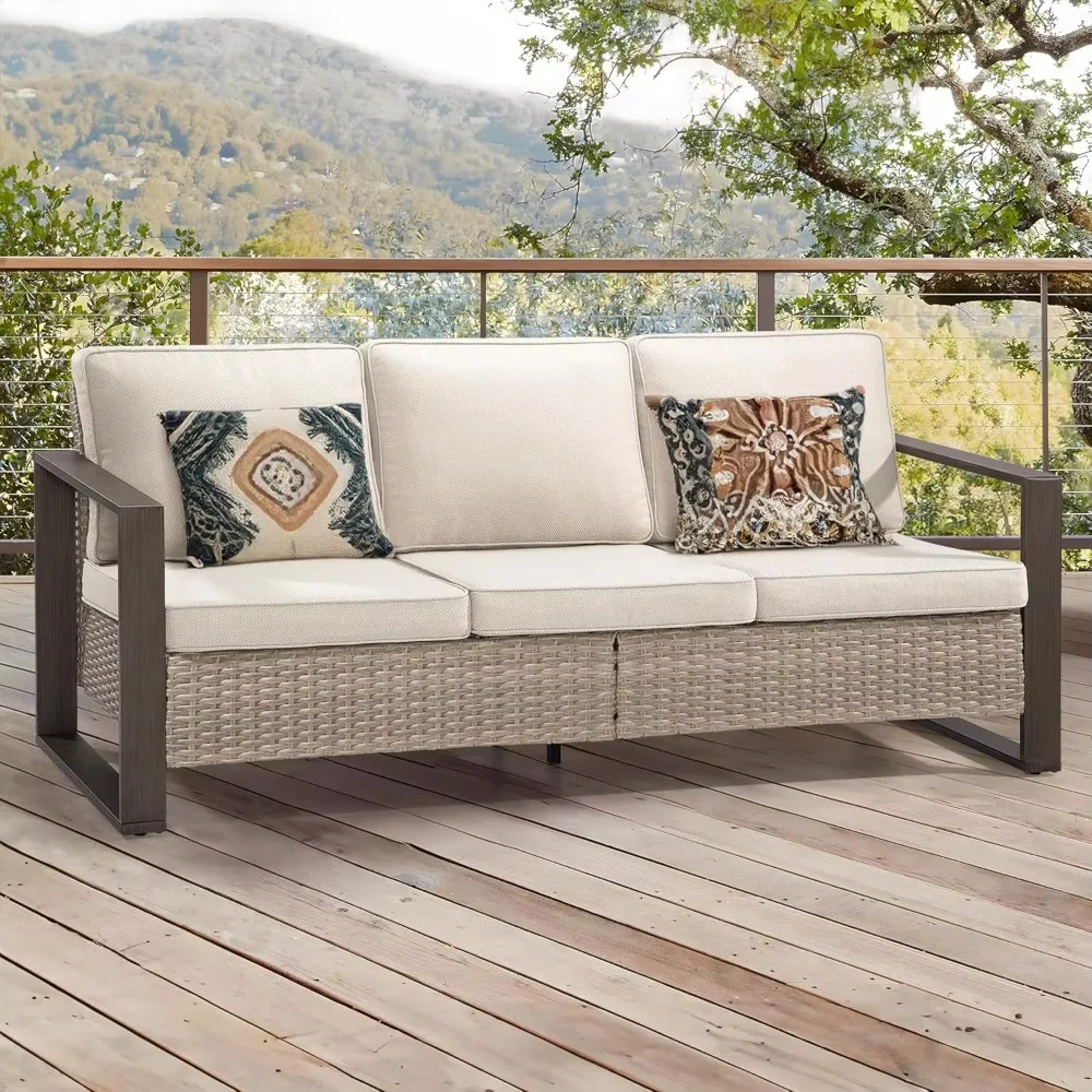 Patio Sofa Wicker 3-Seat Outdoor Couch with Deep Seating, High Back, Steel Frame and Non-Slip Cushion, Beige