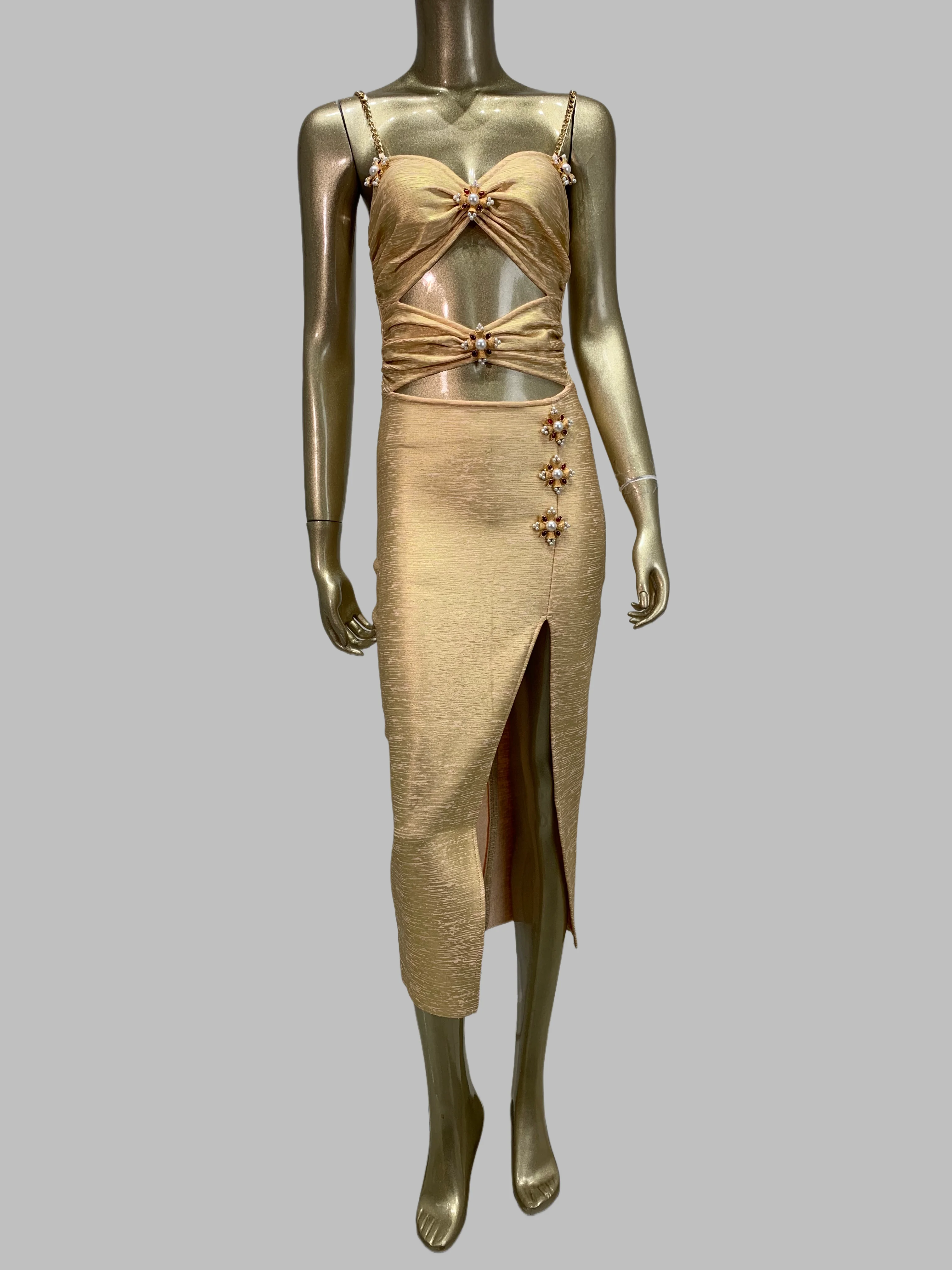 レディース サマー ゴールド ブロンズ バンテージ ドレス スパゲッティストラップ カットアウト オープンレッグ ミディ丈 カーフ丈 セレブリティ イブニング クラブ パーティー ドレス 誕生日