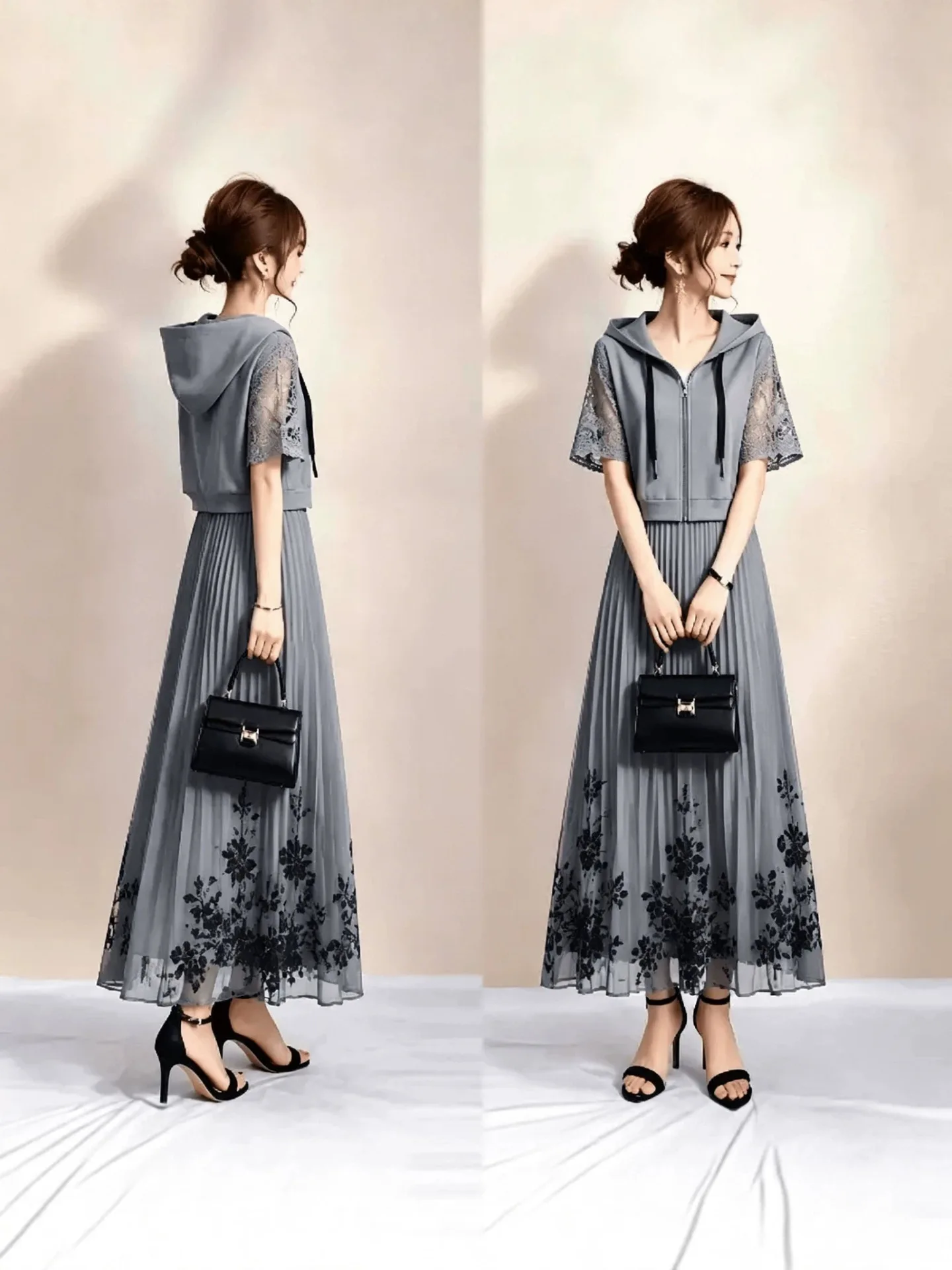 Elegant Grey 2‑piece Women Outfit Hooded Short Top Lace Floral Embroidery Pleated Chiffon Skirt Sweet Modest Ladies Matching Set