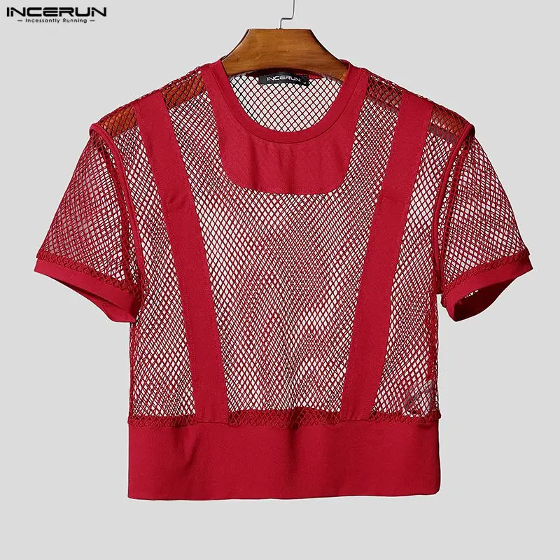INCERUN Herren T-Shirt Mesh Patchwork Kurzarm Durchsichtige Crop Tops für Männer Sommer Streetwear 2026 Sexy Modische Herrenkleidung