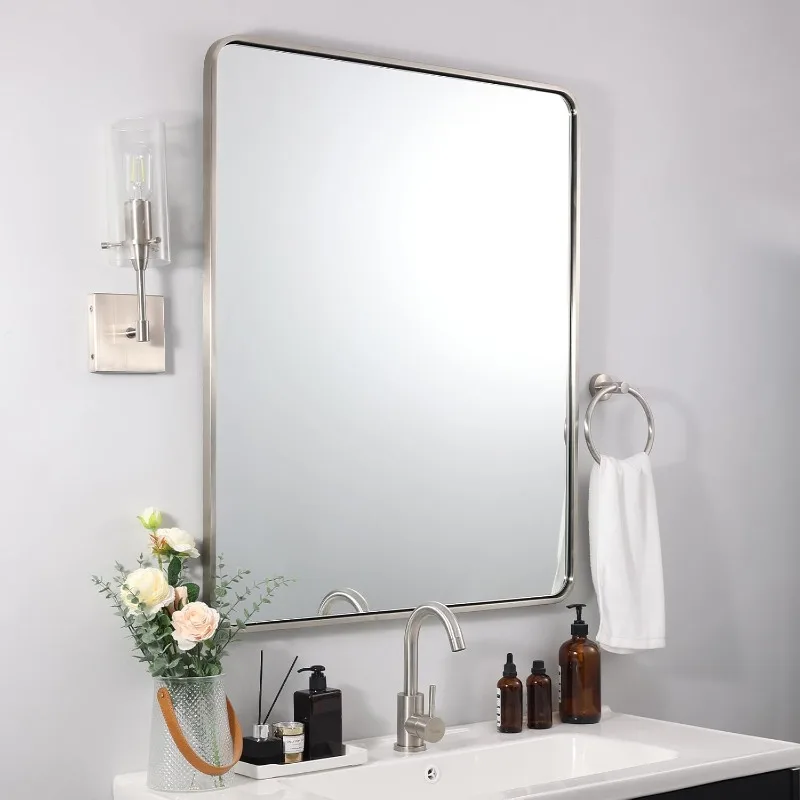 rushed Nickel Bathroom Mirror, 24x36’’ Rounded Rectangle Mirror Modern Silver Vanity Mirror SUS304 Metal Tube Frame(R