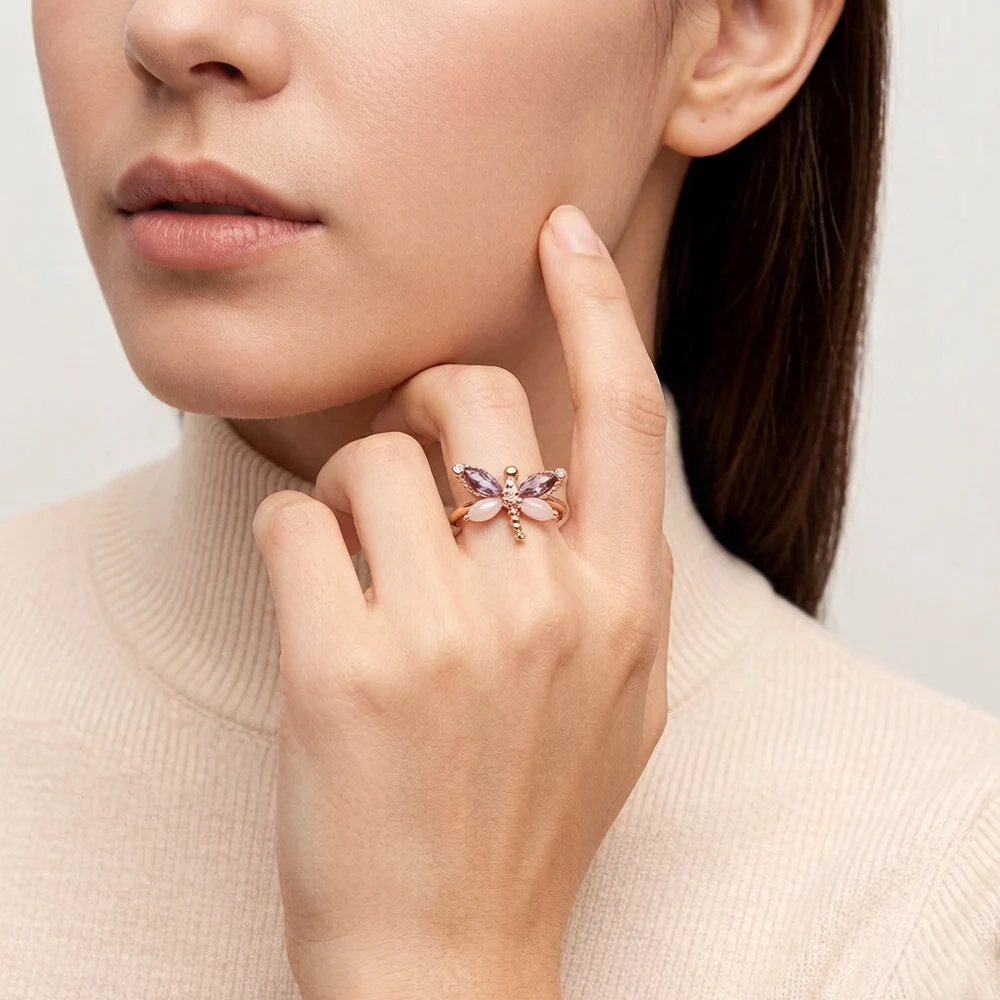 Ring Libelle Roségold, europäischer Stil, feiner Schmuck für Frauen, neues trendiges Geschenk aus 925er Sterlingsilber – Detail 2