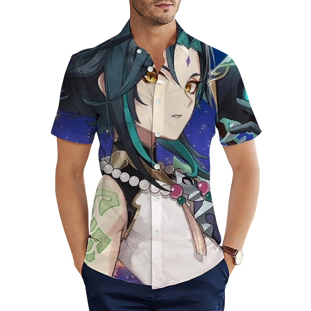 Hxfashion camisa masculina popular jogo genshin impacto 3d impresso camisas casuais praia topos hip hop streetshirt roupas masculinas