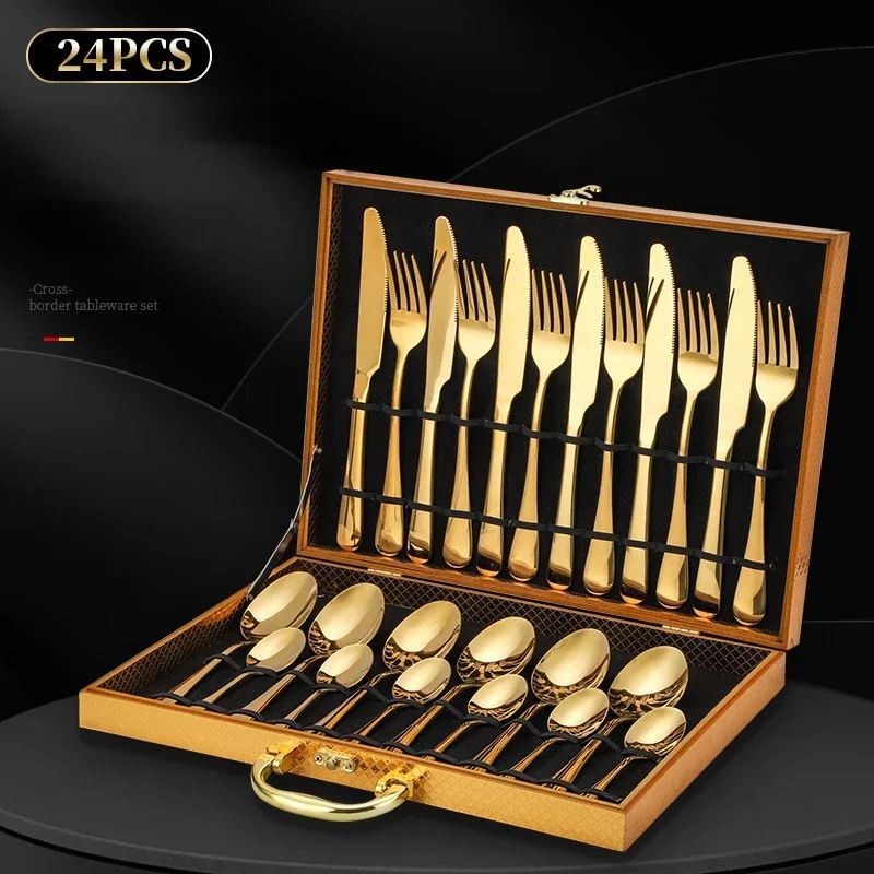 

Gold Dinnerware Set Stainless Steel Tableware Set Knife Fork Spoon Luxury Cutlery Set Gift Box Steak Knife Fork Spoon Cutlery