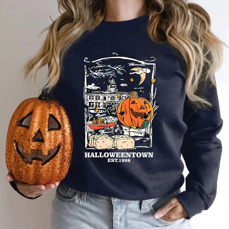 Moda Halloween Pumpkin Print Pullover For Women Autumn Winter Casual O Neck Hoodless Sweatshirt Plus Size Pure Color Pullover