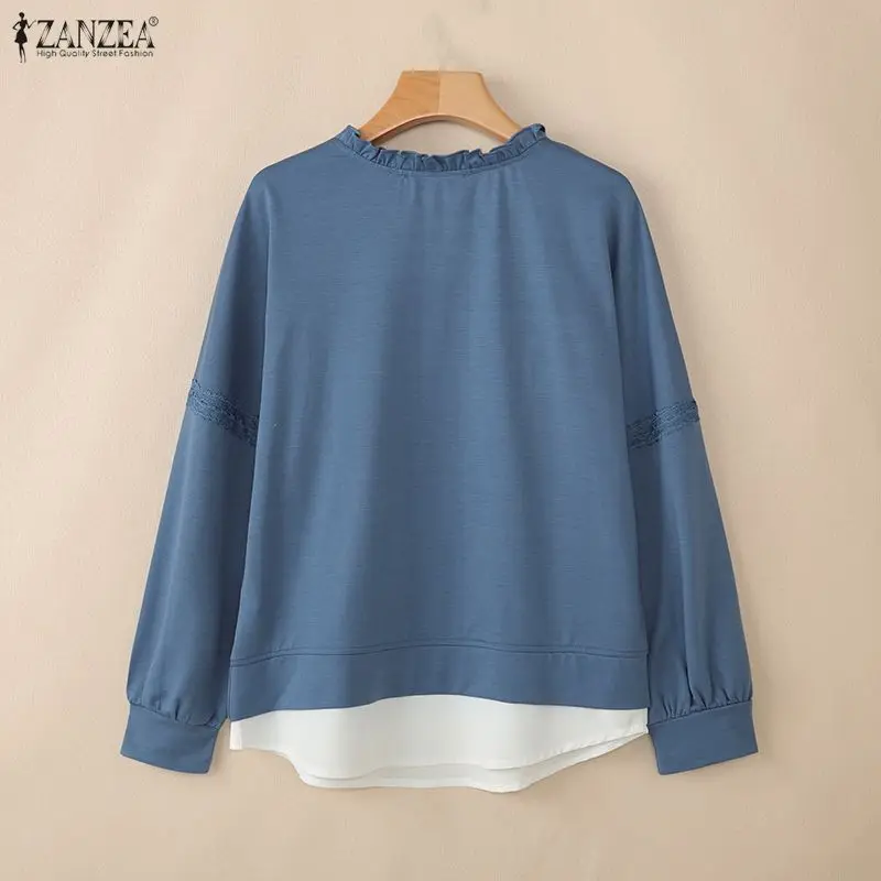 ZANZEA Women's Minimalist False 2-Pieces Sweatshirts Casual Ruffled Trim O-Neck Lace Patchwork Long Sleeve Pullovers Woman Tops