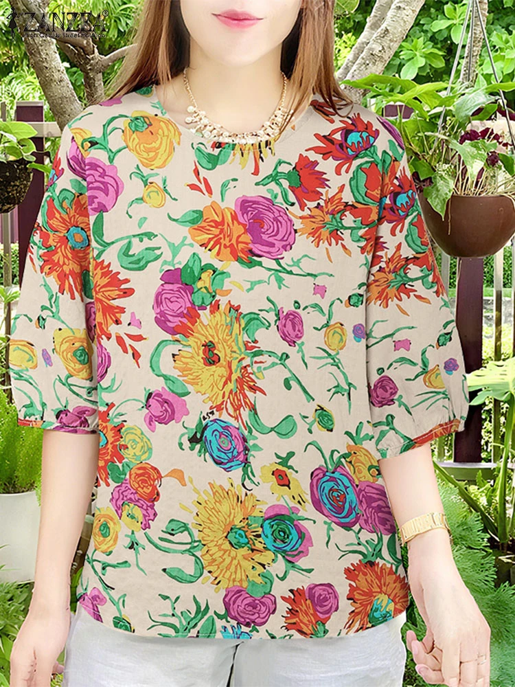 ZANZEA Cotton Blend 3/4 Sleeve Blusas Mujer Day Wear Vacation O-Neck Woman Women Tops Floral Print 2025 Summer Casual Blouses