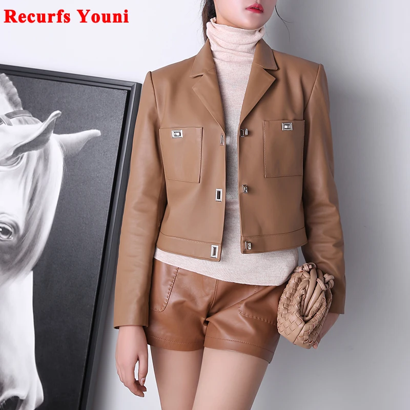 Women Clothes Winter Female Genuine Leather Coat Korean Fashion Casual Long Sleeve Metal Lock Buckle Versatile Pink Short Jacket