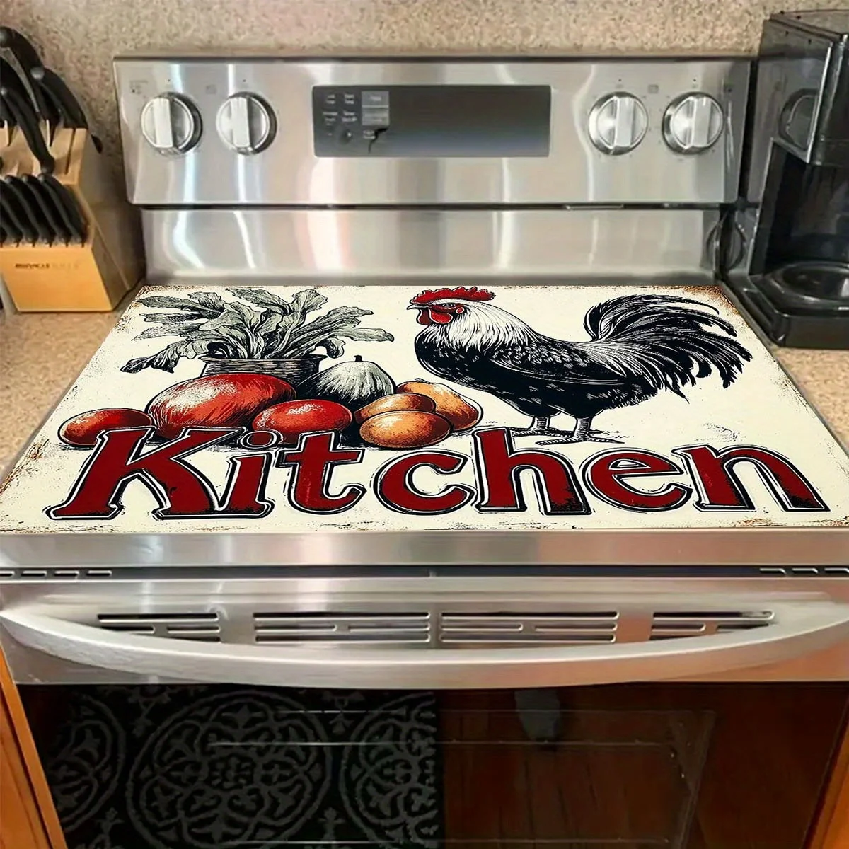 Retro Farm Rooster Veggie Art Stove Cover, Non‑Slip Heat Resistant Mat, Easy Clean Kitchen Stove Protector for Home Decor