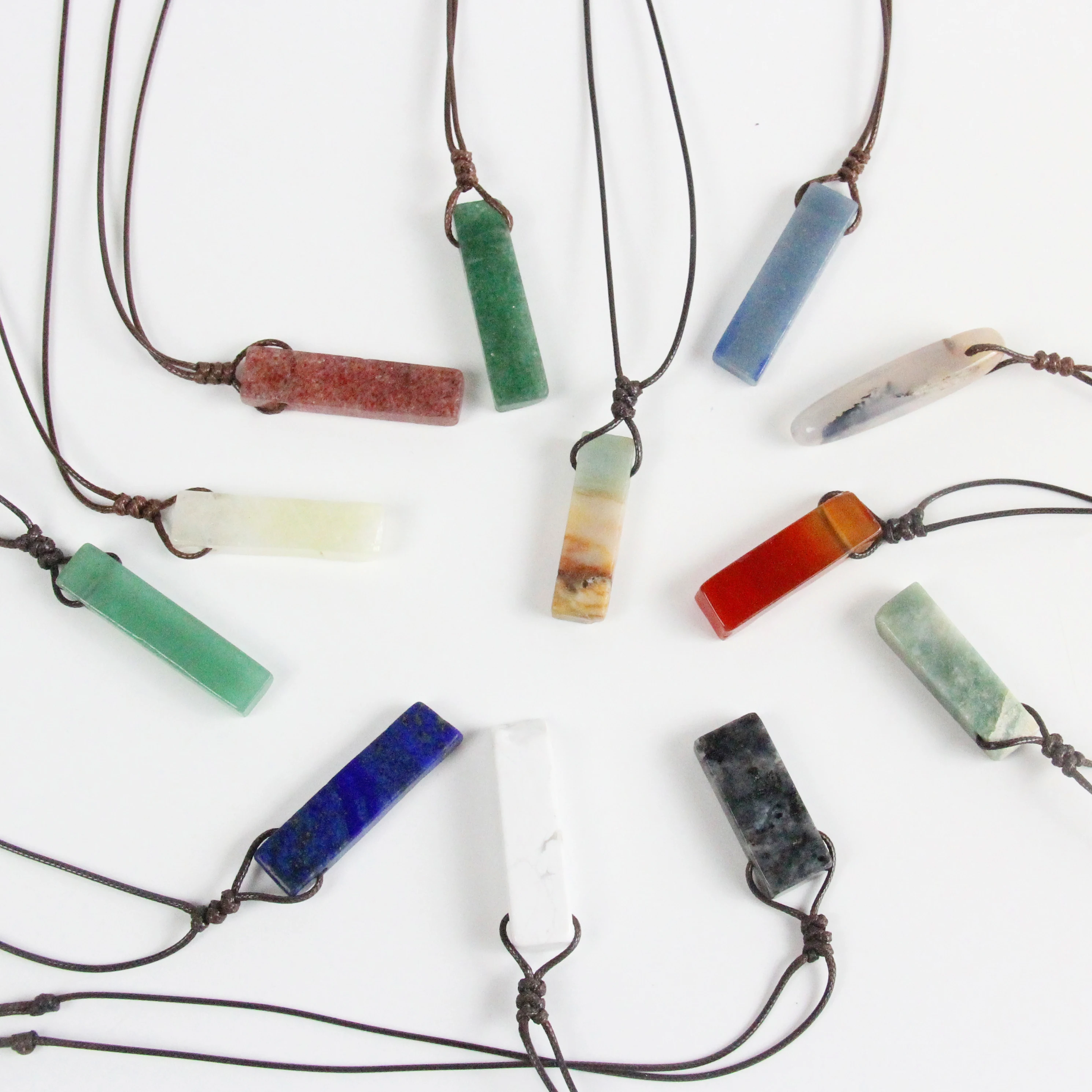 Knotted Waxed Rope Geometric Irregular Rectangle Colorful Raw Natural Rock Stone Crystal Quartz Gemstone Bar Pendant Necklace