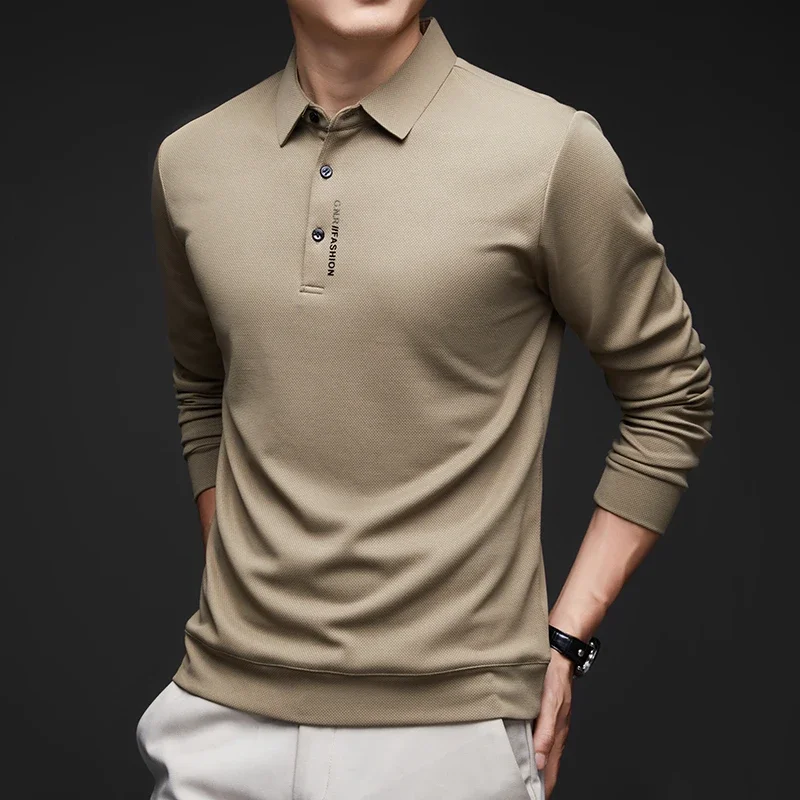 New Men's Business Casual Long Sleeved Shirt with Badge Solid Color Polo Shirt Fashionable Breathable Comfortable Versatile Top