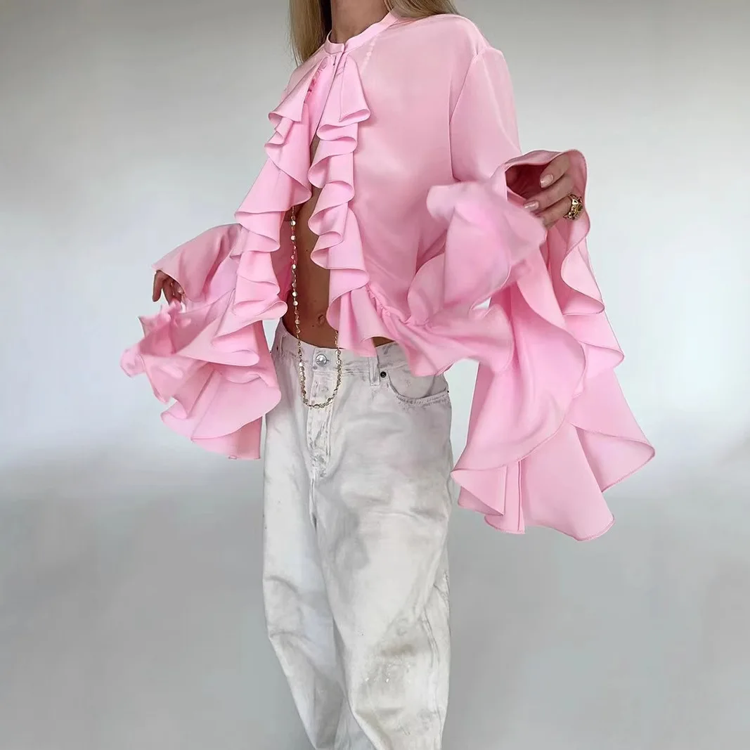 

2025 New Women's Top T-shirt Ruffle Fold Cardigan Button