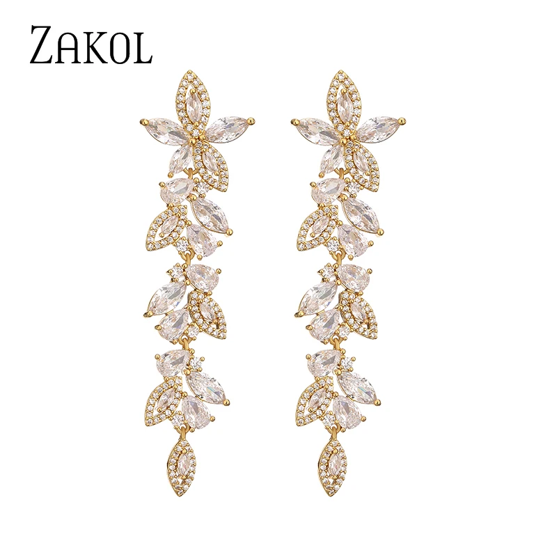 ZAKOL Luxury Flower Cubic Zirconia Long Dangle Earrings for Women Marquise Cluster Leaf Drop Earring Bridal Wedding Jewelry