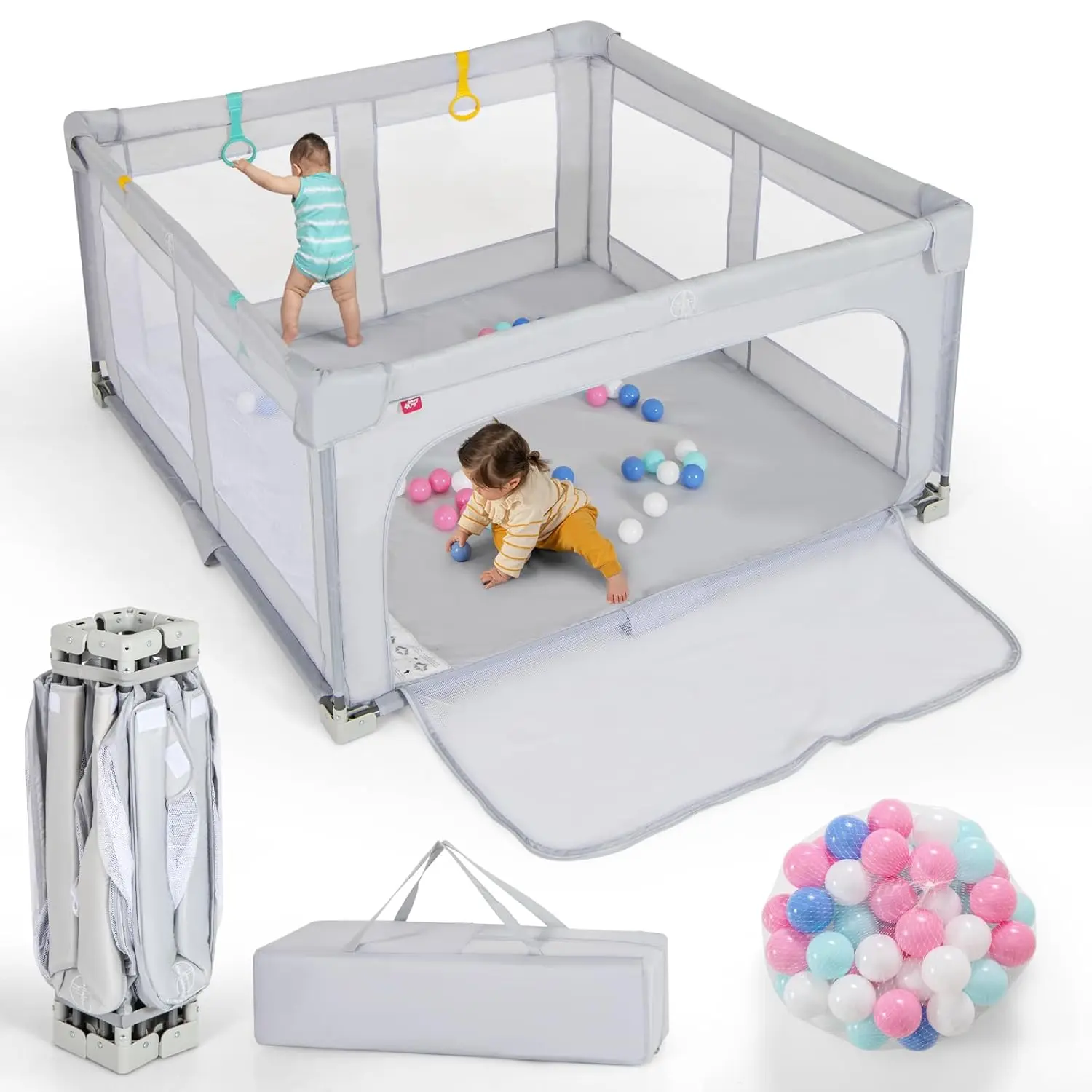 

Foldable Playpen for Babies, Portable Baby Play Pen with 50 PCS Ocean Balls, 4 Handles, Carry Bag, Visible Mesh, Kids