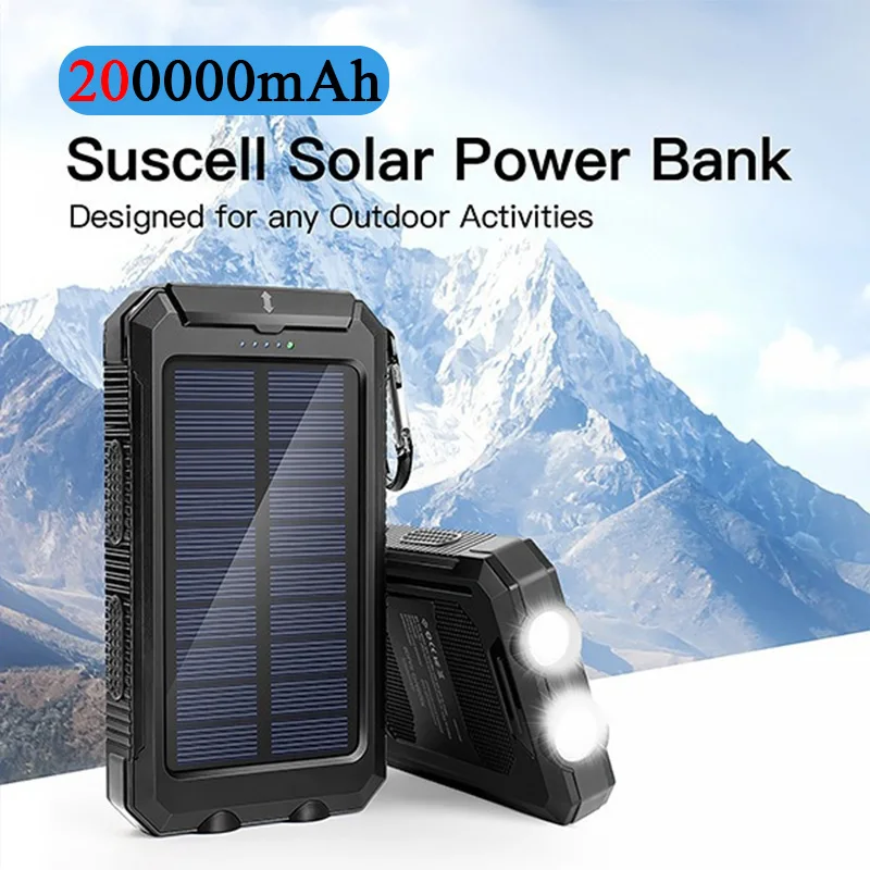 200000mAh Solar Power Bank Fast Charging External Battery 2USB Outdoor Mobile Power Supply Flashlight for Xiaomi IPhone Samsung