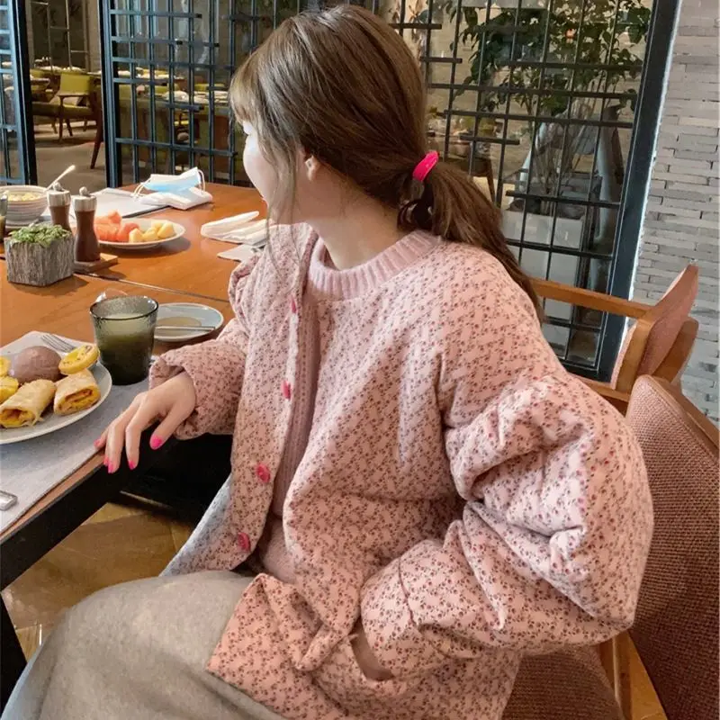 Cute Flower Pink Cotton Parkas fit Fall Autumn Women Warm Jacket Bubble Coat kawaii pretty lolita outfit women korean cloth y2k