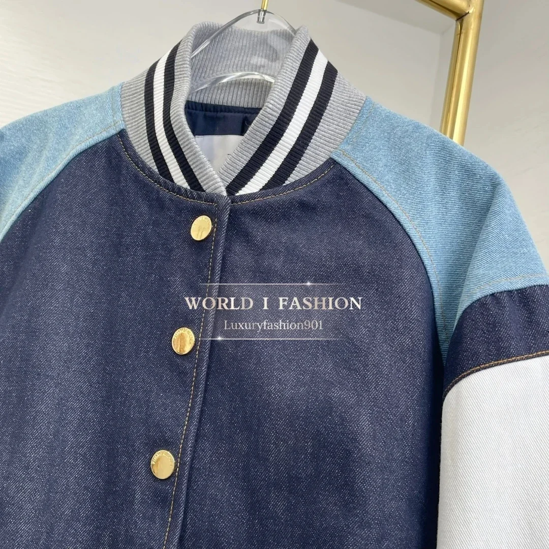 

2025 High Quality Blue Long Sleeve Patchwork Denim Coat