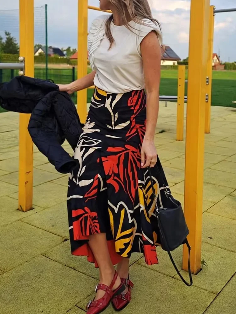 HH Women Summer New Fashion Versatile Zipper Printed Midi Skirt Female Sexy Temperament High-Waist Slim A-line Casual Skirt