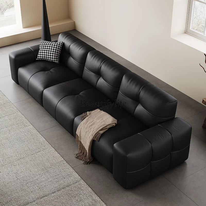 

Minimalist leather sofa small apartment Italian light luxury cloud straight row big black cow sofa