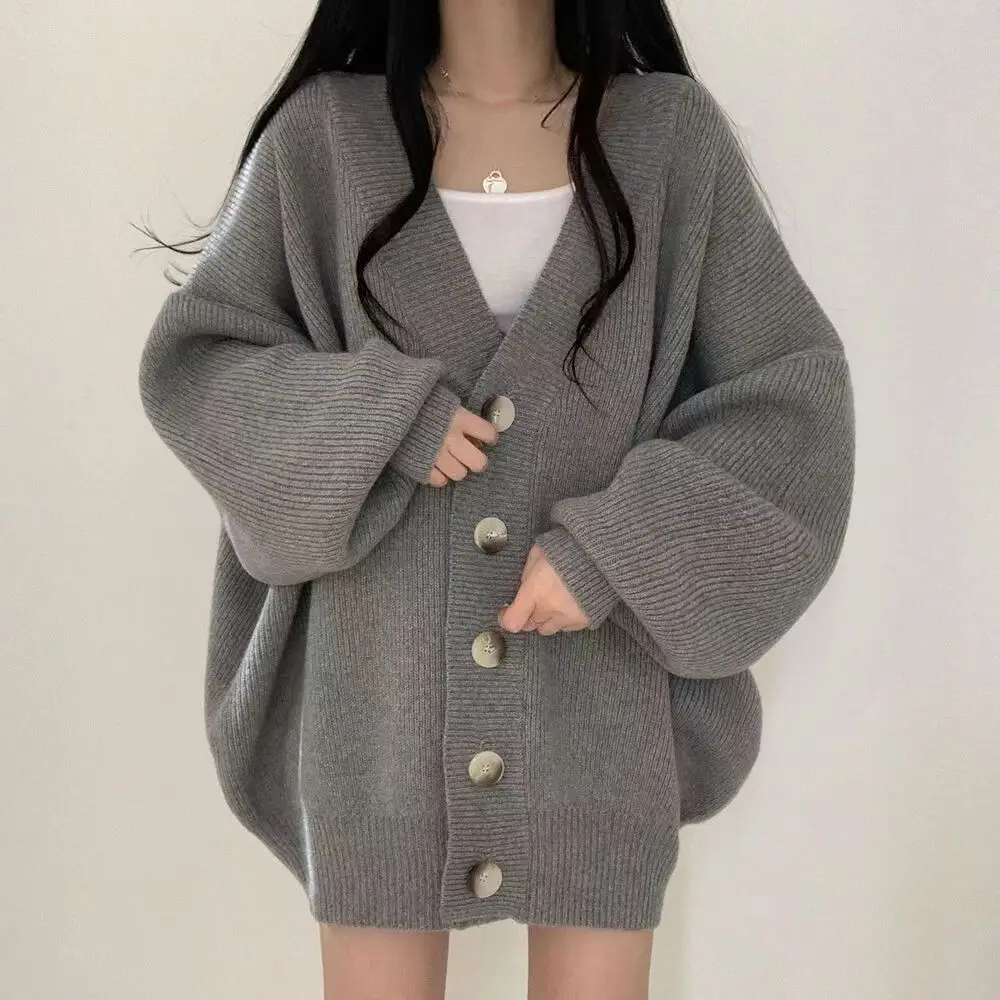 Women Autumn Winter V-Neck Lantern Sleeve Loose Sweater Girl Student Casual Knitted Cardigan Ladies Warm Layering Jacket Casual