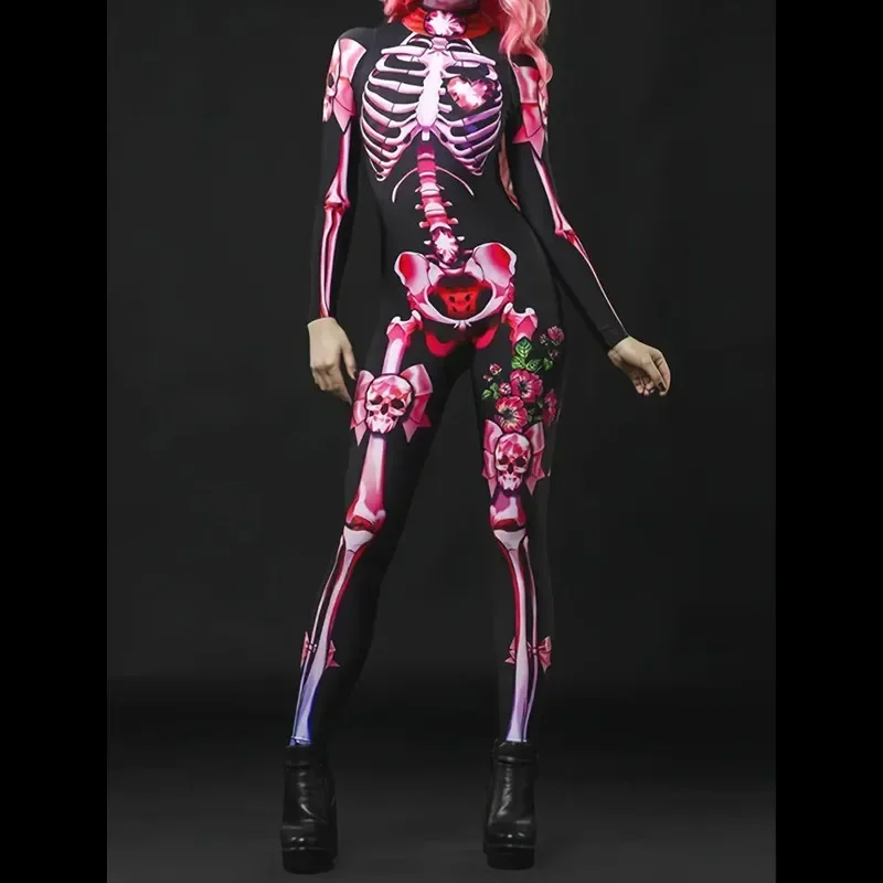 بذلة على شكل جمجمة وردية للهالوين، زي مخيف للنساء والفتيات، زي حفلات للعب الأدوار مع طباعة هيكل عظمي، صورة كرنفال احتفالية