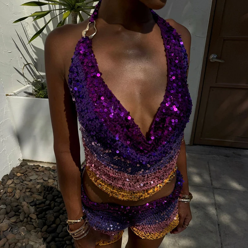 

Casual Sleeveless Hollow Party Tee 2026 Summer Elegant Deep V-neck Crop Top Women Fashion Colorful Shinny Sequined Beach Blouse