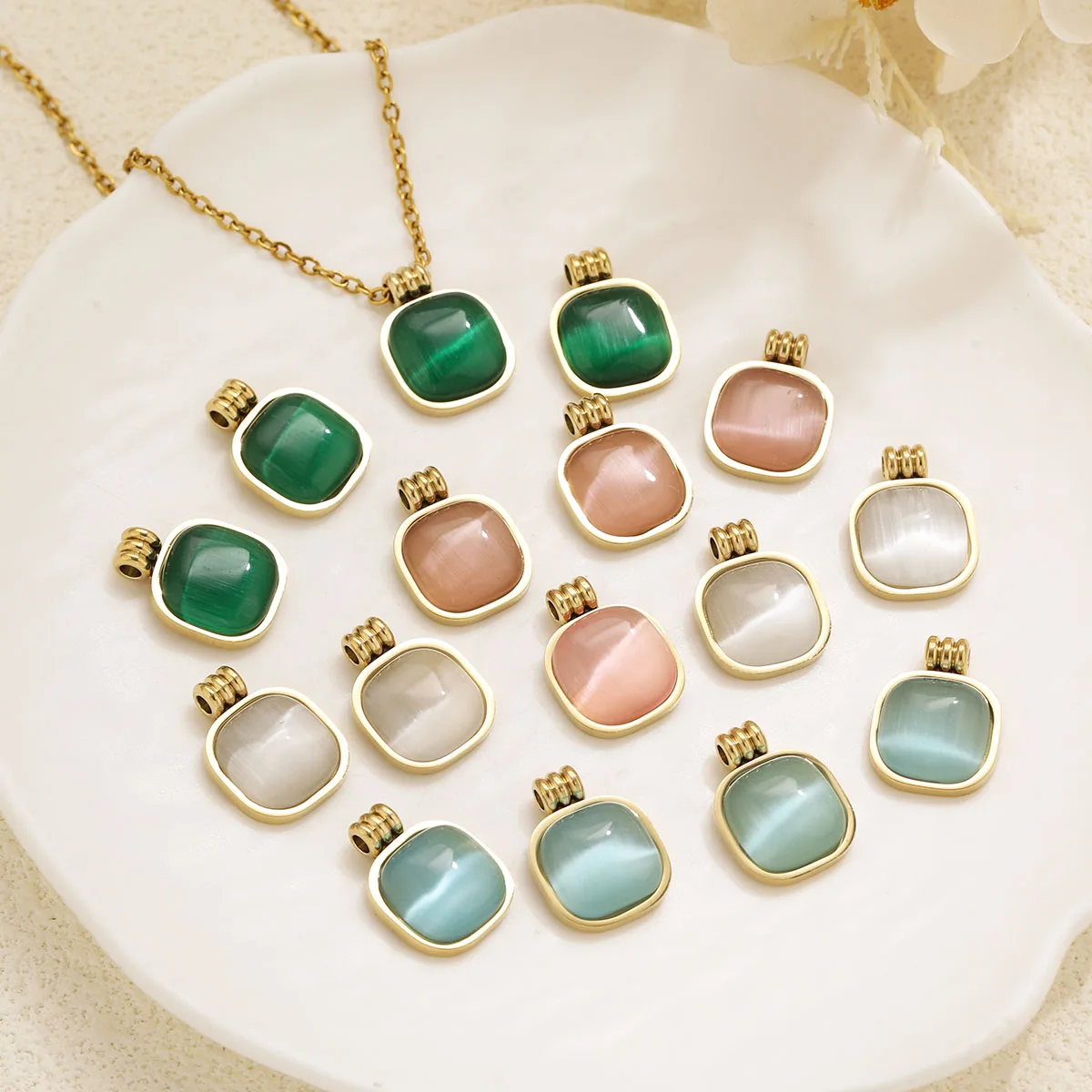 2pcs Cat's Eye Stone Square Rounded Charms Stainless Steel Gold Plated Pendants DIY Necklaces Earrings Women Jewelry Wholesale view 4