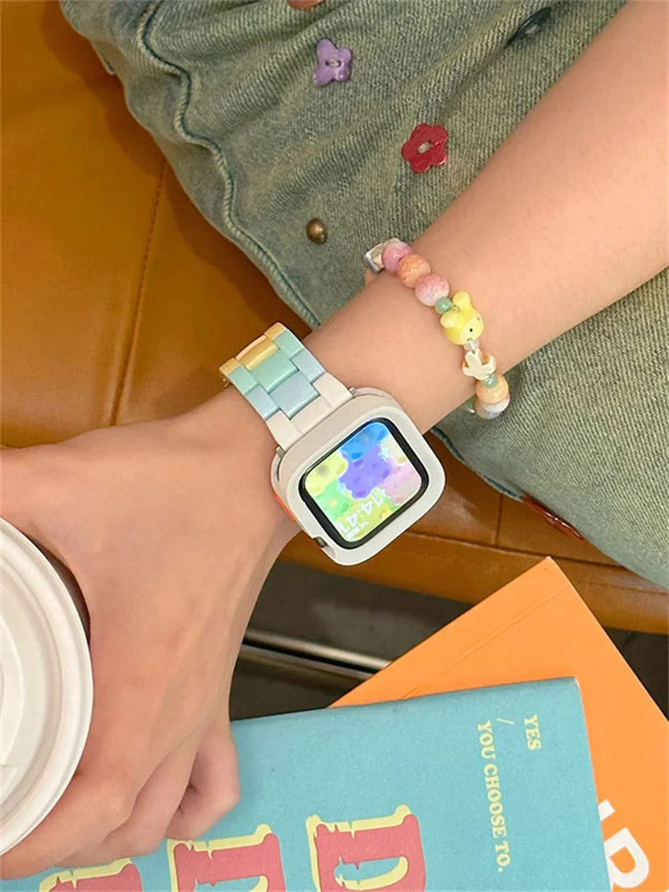 สายรัด Ultra2สีลูกกวาดน่ารักเกาหลี + สายรัดเคสสำหรับ Apple Watch 49 45 44มม. 41 40 Correa ผู้ชายผู้หญิงสำหรับนาฬิกาซีรีส์9 8 7 SE