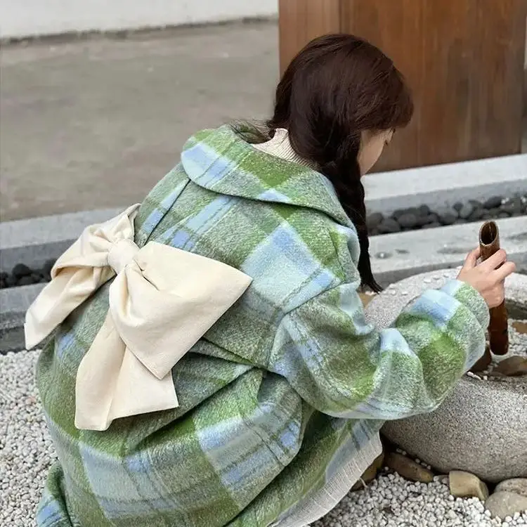 

Japan Bow Green Plaid Doll Collar Woolen Coat For Women Winter Japanese Mid-Length Woolen Coat