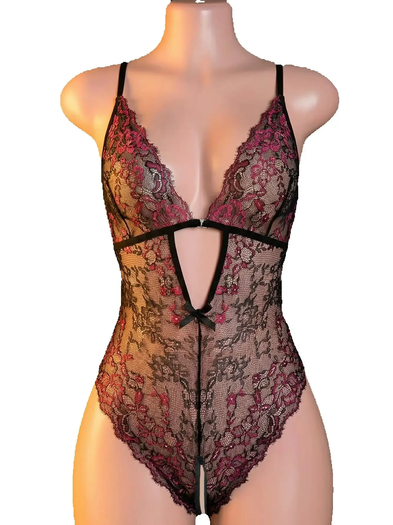 Women Plus Size Floral Lace Teddy Lingerie Color Block Sheer Mesh Deep Cutout Back Bow Open Crotch Bodysuit