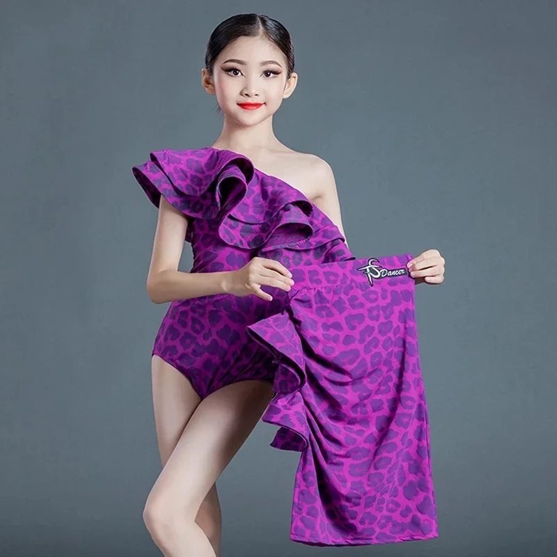 Single-Sleeved Ruffled Latin Dance Costume Girls Latin Tops Ruffled Skirts Split Suit Kids Stage Ballroom Dacne Clothing