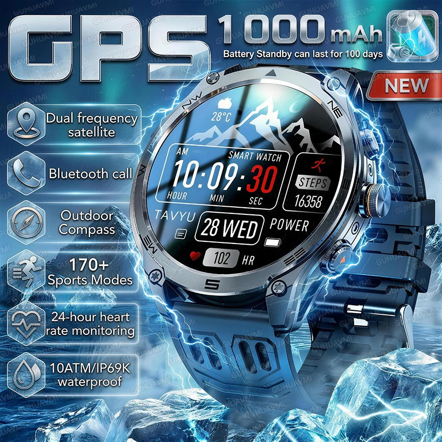 

Новые смарт-часы 2026 года с GPS, аккумулятором 1000 мАч, AMOLED-экраном 1,75 дюйма, водонепроницаемостью 10ATM, компасом, альтиметром, для плавания, военные, мужские