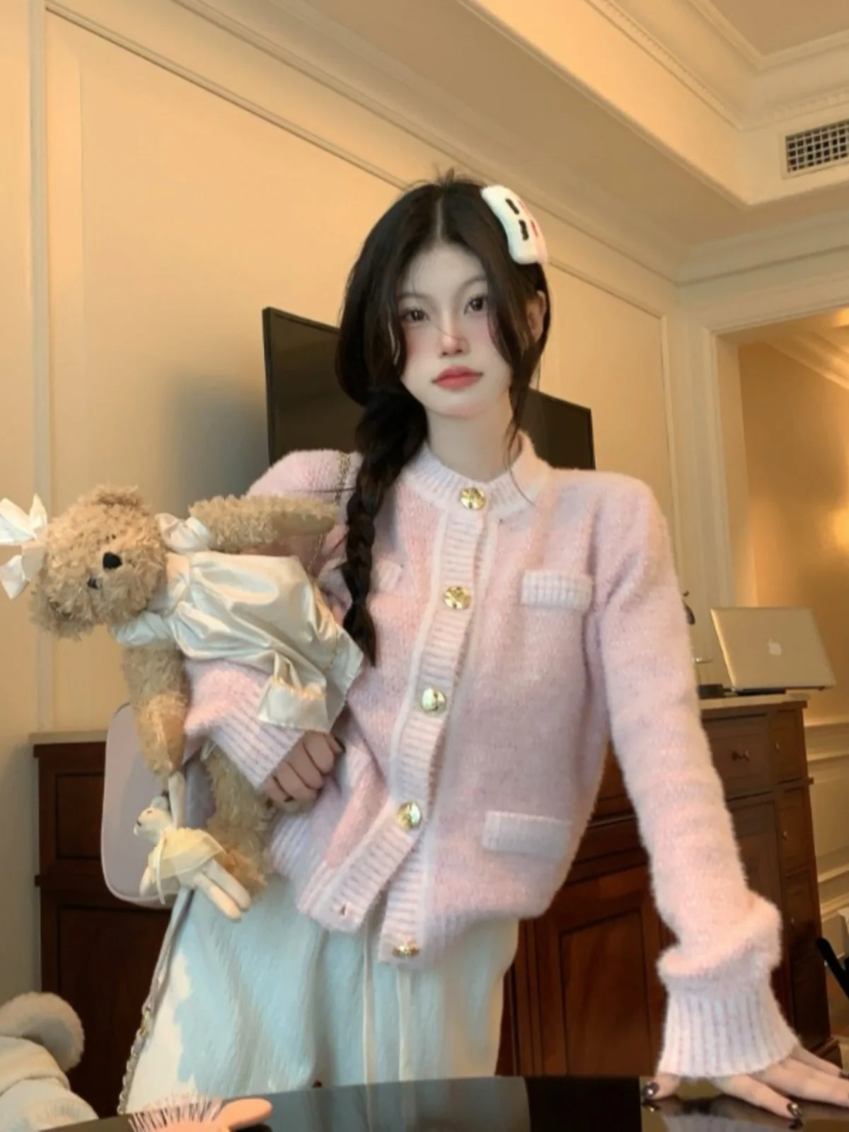 

Sweet Sle ort Svel Knitted Cardigan Women's Sweater Artificial Mink Fur Loose Top Thiened Winter Faion China