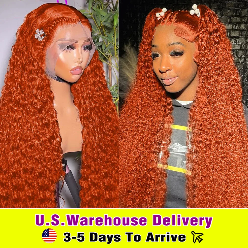 Glueless Deep Wave HD Lace Front Perucas para Mulheres, Cabelo Humano, Gengibre Laranja, Encaracolado, 13x4, 350 #