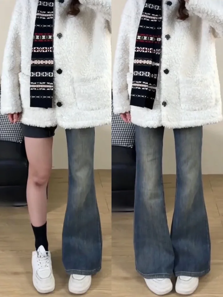 Jeans da donna retrò americani blu foderati in Fce invernali taglie forti pantaloni svasati dimagranti chiusura con cerniera a vita alta