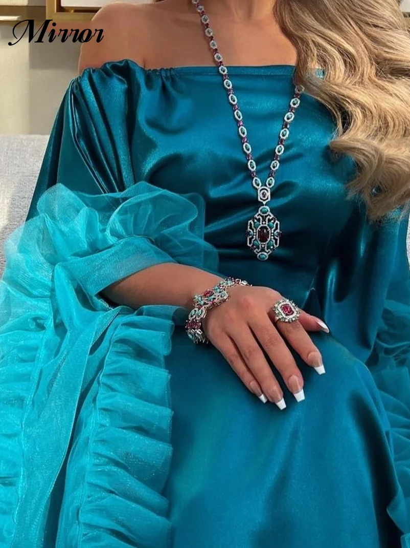 Mirror Dress Elegant Vintage Peacock Blue Ruffles Boat Neck Customized Formal Occasion Ball Prom Dress Evening Party Gowns