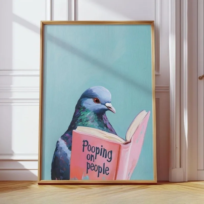 Póster Artístico de Paloma Leyendo el Libro 'Caca sobre las Personas', Impresión Divertida de Paloma, Arte de Pájaro Leyendo un Libro Divertido, Decoración de Pared Humorística de Animales