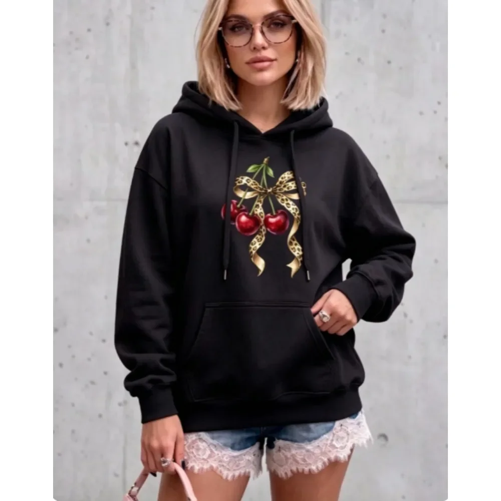 Women Cherry Leopard Bow Print Hoodie Casual Drawstring Kangaroo Pocket Loose Long Sleeve Sweatshirt Cheap Clothes Free Shipping