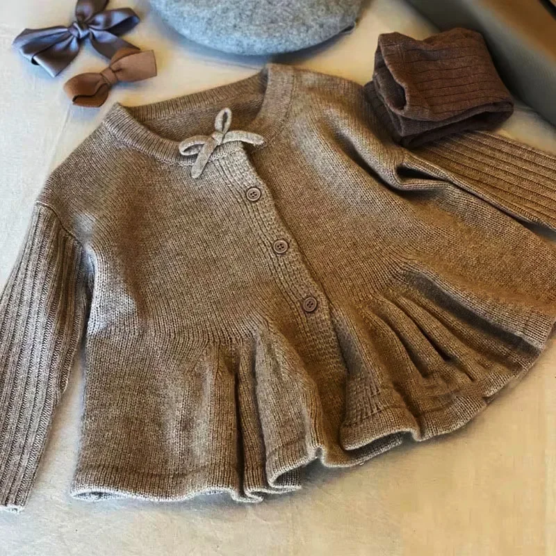 Korean children\'s clothing 2024 autumn new girl\'s knitted cardigan single-breasted cute wool sweater for girls to wear outside